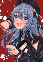 Rule 34 | 1girl, :d, absurdres, beret, blue eyes, blue hair, blush, brass knuckles, hat, highres, hololive, hoshimachi suisei, hoshimachi suisei (streetwear), incoming attack, incoming punch, jacket, jacket partially removed, long hair, looking at viewer, mi taro333, official alternate costume, open mouth, punching, red background, smile, solo, star (symbol), star in eye, symbol in eye, upper body, virtual youtuber, weapon