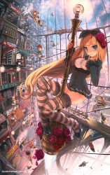 Rule 34 | blonde hair, blue eyes, broom, city, flying, john hathway, long hair, multiple girls, original, solo focus, striped clothes, striped legwear, striped thighhighs, symbol-shaped pupils, thighhighs