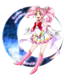 Rule 34 | 1girl, :d, bishoujo senshi sailor moon, boots, bow, brooch, character name, chibi usa, choker, cone hair bun, copyright name, crescent, crescent earrings, crescent moon, double bun, earrings, elbow gloves, full body, gloves, hair bun, hair ornament, hairpin, heart, heart brooch, ike (eun2ke), jewelry, knee boots, looking at viewer, m/, magical girl, moon, multicolored clothes, multicolored skirt, open mouth, pink footwear, pink hair, pleated skirt, red bow, red eyes, sailor chibi moon, sailor collar, short hair, skirt, smile, solo, super sailor chibi moon, tiara, twintails, white background, white gloves