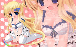 Rule 34 | 1girl, :d, airlia (minidraco), bare shoulders, blonde hair, blue eyes, borrowed character, breasts, cleavage, dragon girl, dress, garter straps, hair ornament, highres, kanijiru, large breasts, long hair, open mouth, original, pointy ears, ribbon, sitting, smile, solo, tail, thighhighs, very long hair, wallpaper, white thighhighs, zoom layer