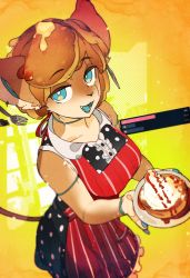 Rule 34 | 1girl, :3, :d, animal ears, apron, black dress, blue eyes, blue nails, blue tongue, breasts, bright pupils, brown fur, brown hair, colored tongue, dress, fingernails, food, fork, from above, furry, furry female, highres, holding, idkuroi, kuroi-chan (kuroi moyamoya), large breasts, looking at viewer, nail polish, open mouth, original, pancake, plate, red apron, smile, solo, standing, tail, white pupils
