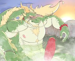 Rule 34 | 1boy, animal ears, asano (asanoozeann), bara, beard, blush, chest tuft, chinese zodiac, cloaca, dragon boy, dragon ears, dragon horns, dragon tail, erection, facial hair, forked eyebrows, fur-tipped tail, furry, furry male, girthy penis, goatee, green fur, highres, horns, huge pectorals, large hands, large pectorals, large penis, looking at viewer, male focus, mature male, muscular, muscular male, nipples, onsen, original, outstretched arms, pectorals, penis, see-through, sideburns, solo, spread arms, sunrise, tail, thick beard, thick eyebrows, uncensored, year of the dragon