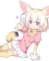 Rule 34 | 10s, 1girl, animal ears, arm support, arm up, blonde hair, bow, bowtie, brown eyes, closed mouth, extra ears, fang, fang out, fennec (kemono friends), fox ears, fox girl, fox tail, gradient hair, hair between eyes, heart, ixy, kemono friends, long hair, multicolored hair, pink sweater, pleated skirt, puffy short sleeves, puffy sleeves, shirt, short-sleeved sweater, short sleeves, simple background, skirt, smile, solo, sweater, tail, thighhighs, v, white background, white hair, white shirt, white skirt, yellow bow, yellow bowtie, yellow thighhighs