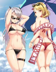 Rule 34 | 2girls, armpits, arms behind head, arms up, ass, azur lane, back, bikini, black-framed eyewear, black bikini, black choker, black ribbon, blonde hair, blue sky, bondo (borndragon), bracelet, braid, breasts, brown eyes, butt crack, choker, cleavage, closed mouth, cloud, cloudy sky, day, deal with it (meme), earrings, eyewear on head, flag print, french braid, from behind, frown, german flag, german flag bikini, gluteal fold, groin, hair ribbon, highres, jewelry, kneepits, large breasts, legs, long hair, looking at viewer, looking back, meme, mole, mole on breast, multiple girls, navel, outdoors, parted lips, prince of wales (azur lane), prince of wales (sun shining upon windsor) (azur lane), prinz eugen (azur lane), prinz eugen (unfading smile) (azur lane), red bikini, red eyes, red shawl, ribbon, shawl, short hair, side-tie bikini bottom, sideboob, silver hair, sky, smile, standing, sunglasses, swimsuit, thigh gap, thigh strap, two side up, underboob