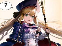Rule 34 | 1girl, ?, artoria caster (fate), artoria caster (second ascension) (fate), artoria pendragon (fate), beret, black ribbon, blue cloak, bow, breasts, cloak, cuffs, fate/grand order, fate (series), gold trim, green eyes, hair between eyes, handcuffs, hat, holding, holding staff, large breasts, long hair, long sleeves, open mouth, purple bow, ribbon, shackles, shirt, skirt, small breasts, staff, twintails, user ruvh7248, white background, white shirt, white skirt
