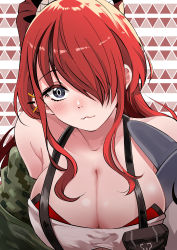 Rule 34 | 1girl, absurdres, bare shoulders, black eyes, black hair, blush, breasts, cleavage, commentary request, hair over one eye, head tilt, highres, lain paterson, lain paterson (1st costume), large breasts, long hair, looking at viewer, multicolored hair, nijisanji, off shoulder, pouch, red hair, sakayama shinta, solo, strapless, streaked hair, suspenders, tube top, upper body, virtual youtuber