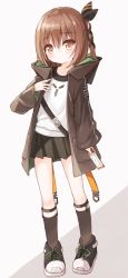 Rule 34 | 1girl, black footwear, black ribbon, black shirt, black skirt, black socks, brown eyes, brown hair, brown jacket, closed mouth, commentary request, full body, grey background, hair between eyes, hair ribbon, hand up, holding, hood, hood down, hooded jacket, jacket, kneehighs, long sleeves, looking at viewer, lucena winter, one side up, open clothes, open jacket, original, pleated skirt, ribbon, shirt, shoes, skirt, sleeves past wrists, socks, solo, standing, two-tone background, white background, white shirt, yuuhagi (amaretto-no-natsu)