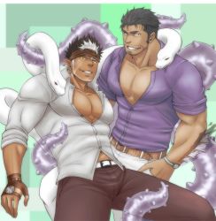 Rule 34 | 2boys, bara, beard, brown eyes, brown hair, bulge, dagon (housamo), dark-skinned male, dark skin, facial hair, headband, highres, jewelry, large pectorals, long sideburns, male focus, manly, multiple boys, muscular, open clothes, pectorals, pointy ears, porkjinta, revision, short hair, sideburns, smile, snake, spiked hair, tangaroa (housamo), tentacles, tentacles on male, thick thighs, thighs, tokyo houkago summoners, white hair