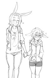 Rule 34 | 2girls, ^ ^, animal ears, arm behind back, bike shorts, blush, closed eyes, collarbone, commentary, embarrassed, english commentary, closed eyes, flying sweatdrops, gluteal fold, greyscale, hand in pocket, heart, height difference, holding hands, hood, hooded jacket, jacket, long hair, looking away, low ponytail, monochrome, multiple girls, open clothes, open jacket, original, pants, pout, rabbit ears, short hair, smile, thigh gap, twrlare, yuri
