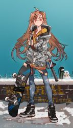 Rule 34 | 1girl, alternate costume, artist request, brown eyes, brown hair, denim, english text, flashbang, girls&#039; frontline, gun, h&amp;k ump, jeans, long hair, name tag, pants, scar, scar across eye, scar on face, shoes, skateboard, sneakers, snow, snowman, solo, submachine gun, suppressor, torn clothes, torn pants, twintails, ump9 (girls&#039; frontline), weapon