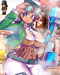 Rule 34 | 1girl, absurdres, artist logo, artist name, blue eyes, breasts, brown hair, dierelc, dot nose, female focus, goggles, goggles on head, green jacket, hat, highres, jacket, large breasts, looking at viewer, medium hair, open clothes, open jacket, open mouth, pants, pixel art, smile, solo, steaming body, steampunk, steampunker (terraria), terraria, thighs, top hat, weapon