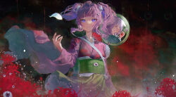 1girl arm_up betabeet blood blood_on_hands blue_eyes floral_print floral_print_kimono from_side green_sash hair_between_eyes highres japanese_clothes kimono long_hair looking_at_another looking_at_viewer mirror obi original pink_hair pink_kimono red_eyes reflection sash sidelocks twintails