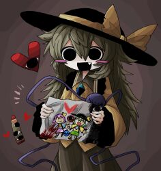 Rule 34 | black eyes, black hat, blood, blood on paper, blood stain, blue shirt, blush, blush stickers, buttons, crayon, diamond (shape), diamond button, drawing, drawing (object), empty eyes, extra eyes, fang, fang out, frilled shirt, frilled shirt collar, frilled sleeves, frills, green hair, green skirt, hair between eyes, hair ornament, hat, hat ribbon, heart, heart button, heart hair ornament, highres, holding, holding drawing, holding paper, komeiji koishi, komeiji satori, long hair, long sleeves, open mouth, paper, pink hair, pink skirt, ribbon, shirt, siblings, simple background, sisters, skirt, sleeves past wrists, stitched eye, stitches, third eye, torn clothes, torn paper, torn ribbon, touhou, yellow ribbon, yellow shirt, zunusama