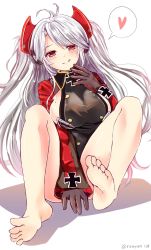 Rule 34 | 1girl, ahoge, azur lane, barefoot, blush, breasts, feet, highres, large breasts, licking lips, long hair, looking at viewer, mole, prinz eugen (azur lane), red eyes, silver hair, soles, toes, tongue, tongue out, twintails