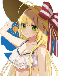 Rule 34 | &gt;:), 10s, ahoge, alternate hairstyle, arm up, bad id, bad pixiv id, bikini, blonde hair, blue sky, blush, bow, bracelet, braid, breasts, brown hat, cleavage, closed mouth, cloud, collarbone, fate/extra, fate/extra ccc, fate (series), french braid, frilled bikini, frills, green eyes, hair down, hand on headwear, hat, hat bow, jewelry, kyuuri (yumi20010221), layered bikini, long hair, looking at viewer, medium breasts, navel, nero claudius (fate), nero claudius (fate) (all), nero claudius (fate/extra), outside border, pearl bracelet, sky, smile, smug, solo, sparkle, striped, striped bow, sun, sun hat, swimsuit, tareme, upper body, v-shaped eyebrows, very long hair, white background, white bikini
