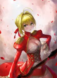 Rule 34 | 1girl, :o, antenna hair, blonde hair, blush, braid, breasts, chan1moon, cleavage, cross-laced clothes, crown braid, dress, fate/grand order, fate (series), green eyes, hair between eyes, hair bun, hair intakes, highres, holding, holding sword, holding weapon, large breasts, looking to the side, nero claudius (fate), nero claudius (fate) (all), nero claudius (fate/extra), open mouth, petals, red dress, rose petals, see-through, sidelocks, single hair bun, solo, sword, upper body, weapon