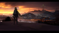 Rule 34 | 1girl, asteroid ill, bad id, bad pixiv id, blonde hair, capelet, city, dark, fantasy, footprints, highres, holding, holding sword, holding weapon, horizon, iris (asteroid ill), letterboxed, long hair, looking at viewer, low-tied long hair, mountain, mountainous horizon, orange sky, original, pants, red eyes, scenery, science fiction, sky, snow, solo, sun, sunrise, sword, tower, weapon, white capelet
