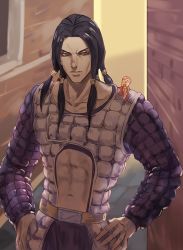 Rule 34 | 2boys, abs, abs cutout, black hair, brown hair, chibi, formaggio, hands on own hips, hex tails, illuso, jojo no kimyou na bouken, male focus, mini person, miniboy, multiple boys, padded shirt, padded vest, sitting on shoulder, vento aureo, yepnean