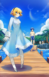 Rule 34 | 1girl, 3boys, aegis (persona), android, baseball cap, blonde hair, blue dress, blue hair, blue headwear, blue male swimwear, blue sky, blue swim trunks, chromatic aberration, closed mouth, cloud, commentary, day, dock, dress, english commentary, frilled dress, frills, grey eyes, hair between eyes, hair over one eye, hairband, hands in pockets, hat, headpiece, highres, iori junpei, kuki tan, long sleeves, male swimwear, multiple boys, multiple girls, one eye covered, open mouth, outdoors, palm tree, persona, persona 3, robot, robot ears, rock, sanada akihiko, sand, short hair, sky, smile, swim trunks, swimsuit, topless male, tree, water, white hair, yuuki makoto (persona 3)