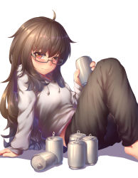 Rule 34 | 1girl, absurdres, ahoge, arm support, bad id, bad pixiv id, barefoot, beer can, black pants, blush, can, closed mouth, drawstring, drink can, drunk, feet out of frame, glasses, grey sweater, highres, holding, holding can, leaning back, lips, long hair, long sleeves, nose blush, original, pants, ray (pixiv9514208), red eyes, semi-rimless eyewear, sitting, sleeves past wrists, smile, solo, sweater, under-rim eyewear, very long hair