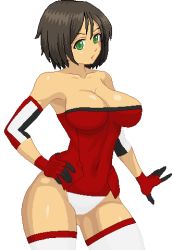 Rule 34 | 1girl, ahoge, aliasing, armor, bare shoulders, black gloves, black hair, breasts, brown hair, cleavage, contrapposto, cosplay, covered navel, cowboy shot, gauntlets, gloves, green eyes, hand on own hip, honchan, impossible clothes, impossible leotard, large breasts, leotard, looking at viewer, lowres, nchallenge, nchans, no bra, pixel art, power armor, red gloves, see-through, short hair, simple background, solo, standing, strapless, strapless leotard, thighhighs, warner, white background
