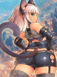 Rule 34 | 1girl, animal ears, ass, blush, breasts, cat ears, cat tail, elbow gloves, garter straps, gloves, green eyes, hands on own hips, long hair, looking at viewer, looking back, medium breasts, original, plump, shigatake, short hair, smile, solo, tail, thighhighs, white hair