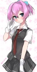 Rule 34 | 10s, 1girl, 2014, adjusting eyewear, bespectacled, blue eyes, dated, glasses, gloves, highres, kantai collection, necktie, pink hair, ponytail, shiranui (kancolle), solo, uniform, white gloves, zinpati