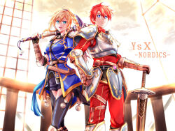 Rule 34 | 1boy, 1girl, adol christin, ahoge, arm guards, armor, axe, blonde hair, braid, breastplate, breasts, double-parted bangs, english text, falcom, fingerless gloves, gloves, hair between eyes, hand on own hip, highres, holding, holding axe, holding weapon, jewelry, karja balta, long hair, medium breasts, necklace, pauldrons, red hair, ship, short hair, short sleeves, shoulder armor, smile, sword, thighhighs, twin braids, watercraft, weapon, xiacheng tatsuya, ys, ys x nordics