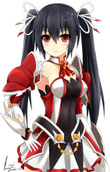 Rule 34 | 1girl, absurdres, alternate costume, armor, black hair, breasts, brooch, cosplay, elesis (elsword), elesis (elsword) (cosplay), elsword, erin fitzgerald, grand master (elsword), hair ornament, highres, jewelry, linez31, long hair, neptune (series), noire (neptunia), red eyes, simple background, skirt, solo, twintails, voice actor connection