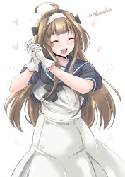 Rule 34 | 1girl, ahoge, black neckerchief, blue sailor collar, brown hair, closed eyes, commentary request, cosplay, double bun, dress, gloves, hair bun, hairband, highres, jervis (kancolle), jervis (kancolle) (cosplay), kantai collection, kongou (kancolle), long hair, neckerchief, one-hour drawing challenge, own hands clasped, own hands together, sailor collar, sailor dress, smile, solo, takomeshi, touyama nao, twitter username, voice actor connection, white background, white dress, white gloves, white hairband, white headwear