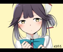 Rule 34 | 1girl, ahoge, artist name, black hair, close-up, commentary request, hair ribbon, hayanami (kancolle), kantai collection, letterboxed, long sleeves, looking at viewer, moti coi, one-hour drawing challenge, ponytail, ribbon, school uniform, shirt, short hair, sidelocks, simple background, solo, upper body, white ribbon, white shirt, yellow background, yellow eyes
