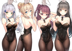Rule 34 | 4girls, animal ears, arm behind back, arm up, ass, back, bare shoulders, black hair, black legwear, black leotard, blonde hair, blue eyes, blunt bangs, blush, bow, bowtie, breasts, brown hair, cleavage, closed mouth, collarbone, commentary, commentary request, covered navel, dduck kong, detached collar, embarrassed, english commentary, facial mark, fake animal ears, flower, girls&#039; frontline, green eyes, groin, hair between eyes, hair flower, hair ornament, hair ribbon, hairband, half updo, hand up, hands up, highres, hk416 (girls&#039; frontline), large breasts, leotard, long hair, looking at viewer, looking back, medium breasts, multiple girls, one side up, open mouth, pantyhose, playboy bunny, purple hair, rabbit ears, rabbit tail, red eyes, red ribbon, ribbon, shoulder blades, sidelocks, signature, silver hair, simple background, smile, snowflake hair ornament, suomi (girls&#039; frontline), tail, teardrop, type 95 (girls&#039; frontline), very long hair, wa2000 (girls&#039; frontline), white hairband, wrist cuffs, yellow eyes
