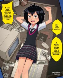 Rule 34 | 1girl, :d, antenna hair, arm behind head, arms up, artist name, banknote, black hair, black necktie, black skirt, blush, blush stickers, brown eyes, calendar (object), commentary, computer, crt, curled fingers, dated, desk, desk lamp, dollar bill, english commentary, english text, eyelashes, fanbox username, feet out of frame, flat chest, floppy disk, from above, hair between eyes, halftone, halftone background, highres, indoors, keyboard (computer), lamp, looking at viewer, looking up, lying, marvel, money, monitor, mouse (computer), necktie, on back, on desk, open mouth, peni parker, plaid, plaid skirt, pleated skirt, raised eyebrows, school uniform, shirt, short hair, short sleeves, skirt, smile, solo, speech bubble, spider-man: into the spider-verse, spider-man (series), spider-verse, stapler, teasing, teeth, triplevexx, upper teeth only, white shirt