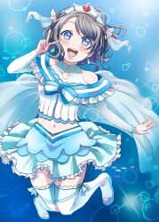 Rule 34 | 1girl, abs, blue eyes, blush, breasts, brown hair, bubble, hair ornament, highres, love live!, love live! sunshine!!, midriff, navel, rippe, short hair, small breasts, smile, solo, stomach, underwater, v, watanabe you