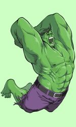 Rule 34 | 1boy, abs, arms up, barefoot, belt, black belt, black hair, colored skin, green background, green eyes, green skin, highres, hulk, jumping, male focus, marvel, muscular, muscular male, nipples, octavius (octavius dp), open mouth, pants, purple pants, short hair, simple background, solo, teeth, topless male, torn clothes, torn pants