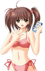 Rule 34 | 1girl, :d, ahoge, bikini, breasts, brown eyes, brown hair, can, clover (game cg), drink can, hair bobbles, hair ornament, holding, holding can, looking at viewer, medium breasts, navel, nishimata aoi, open mouth, plaid, plaid bikini, red bikini, side-tie bikini bottom, simple background, smile, soda can, solo, swimsuit, twintails, white background