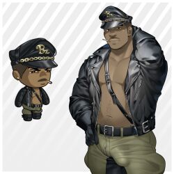 Rule 34 | 1boy, absurdres, bara, belly, bulge, character request, chibi, cigarette, cowboy shot, dark-skinned male, dark skin, erection, erection under clothes, ero condo, facial hair, fat, fat man, highres, jacket, kienbiu, large pectorals, leather, leather jacket, male focus, mature male, muscular, muscular male, mustache stubble, navel, nipples, official alternate costume, open clothes, open jacket, paid reward available, pectoral cleavage, pectorals, short hair, simple background, solo, standing, stomach, stubble