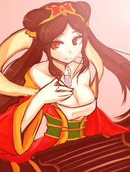 Rule 34 | 1girl, bad id, bad pixiv id, bare shoulders, breasts, brown hair, cleavage, collarbone, dress, guqin sona, hagoromo, instrument, large breasts, league of legends, long sleeves, obi, orange eyes, pink background, sash, shawl, simple background, solo, sona (league of legends), syoppaiyo, twintails, upper body
