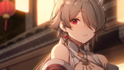 Rule 34 | 1girl, bare shoulders, brown dress, brown hair, china dress, chinese clothes, chinese new year, city lights, de da xianyu, dress, earrings, flower, grin, hair flower, hair ornament, hair over one eye, highres, honkai (series), honkai impact 3rd, jewelry, lantern, looking at viewer, mole, mole under eye, night, night sky, outdoors, purple eyes, rita rossweisse, rita rossweisse (artemis), sky, smile, teeth, twintails, white flower
