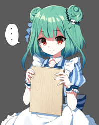 Rule 34 | ..., 1girl, apron, blue dress, blue hair, closed mouth, collared dress, commentary request, double bun, dress, flat chest joke, frilled apron, frills, gradient hair, green hair, grey background, hair bun, hair ornament, hands up, holding, hololive, hololive fantasy, mauve, multicolored hair, puffy short sleeves, puffy sleeves, red eyes, shaded face, short sleeves, simple background, skull hair ornament, smile, solo, spoken ellipsis, striped clothes, striped dress, uruha rushia, vertical-striped clothes, vertical-striped dress, virtual youtuber, white apron, wrist cuffs