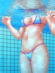 Rule 34 | 1girl, bad id, bad pixiv id, bikini, breasts, cameltoe, caustics, head out of frame, legs together, navel, neri sachiko, original, pool, reflection, ripples, solo, swimsuit, tile wall, tiles, underboob, underwater