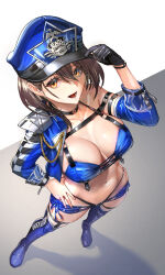 Rule 34 | 1girl, azur lane, baltimore (azur lane), baltimore (finish line flagbearer) (azur lane), black gloves, blue footwear, blue headwear, blue jacket, boots, breasts, brown hair, from above, gloves, hand on own hip, highres, iitsumonemu, jacket, large breasts, long sleeves, looking at viewer, looking up, navel, official alternate costume, open clothes, open jacket, open mouth, orange eyes, race queen, shadow, short hair, single bare shoulder, smile, solo, thigh boots, thighs
