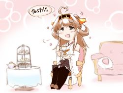 Rule 34 | 10s, 1girl, ahoge, bad id, bad nicoseiga id, blush, brown hair, chair, cup, dandara (karakure), detached sleeves, english text, food, hairband, japanese clothes, kantai collection, kongou (kancolle), long hair, open mouth, pillow, sitting, solo, sweets, teacup, teapot, tiered tray