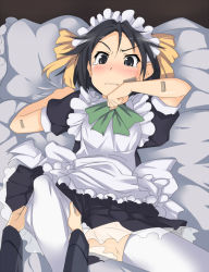 Rule 34 | 10s, 1girl, apron, bandaid, bandaid on arm, bandaid on face, black eyes, black hair, blush, brave witches, fang, kanno naoe, kuronyan, lying, maid, maid apron, maid headdress, pillow, short hair, strike witches, tears, thighhighs, undressing, white thighhighs, world witches series