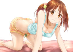 Rule 34 | 10s, 1girl, all fours, bad id, bad pixiv id, breasts, brown eyes, brown hair, cleavage, collarbone, idolmaster, idolmaster cinderella girls, medium breasts, midriff, shorts, simple background, solo, striped clothes, striped shorts, takahata yuki, tank top, totoki airi, twintails