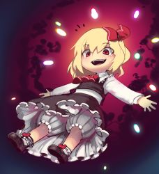 Rule 34 | 1girl, :d, absurdres, ankle bow, ankle ribbon, ascot, blonde hair, bloomers, blouse, boa (brianoa), bow, brown footwear, brown skirt, brown vest, bubble skirt, collared shirt, hair bow, highres, leg ribbon, long sleeves, looking at viewer, open mouth, red ascot, red bow, red eyes, ribbon, rumia, shirt, shoes, short hair, skirt, smile, socks, solo, touhou, underwear, vest, white shirt, white socks, wing collar