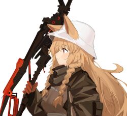 Rule 34 | 1girl, absurdres, animal ears, arknights, brown hair, brown jacket, ceobe (arknights), dog ears, dog girl, ears through headwear, from side, hat, highres, holding, holding weapon, jacket, long hair, profile, red eyes, simple background, smile, soda (sod4), solo, upper body, weapon, white background, white hat