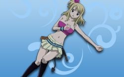 Rule 34 | belt, blonde hair, boots, breasts, brown eyes, cleavage, fairy tail, hand on another&#039;s chest, knee boots, lucy heartfilia, lying, ribbon, side ponytail, skirt, strapless, tattoo, tube top, whip