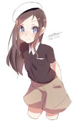 Rule 34 | 1girl, arms behind back, beret, black shirt, blush, brown hair, brown shorts, closed mouth, collared shirt, cropped legs, dated, hair ornament, hairclip, hat, leaning forward, long hair, maze (gochama ze gohan), original, parted bangs, puffy shorts, purple eyes, shirt, short shorts, short sleeves, shorts, signature, simple background, sketch, smile, solo, standing, very long hair, white background, white hat