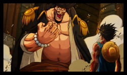 Rule 34 | 2boys, beard, black hair, bracelet, clenched hand, coat, dust, epaulettes, epic, evil smile, facial hair, fighting, gandaresh, hat, highres, jewelry, male focus, marshall d. teach, missing tooth, monkey d. luffy, multiple boys, muscular, one piece, open clothes, open mouth, open shirt, pirate, sash, shirt, short hair, smile, straw hat